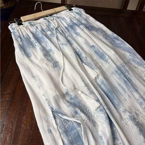Maxi Skirt in White and Blue Tie-Dye Floral Pattern